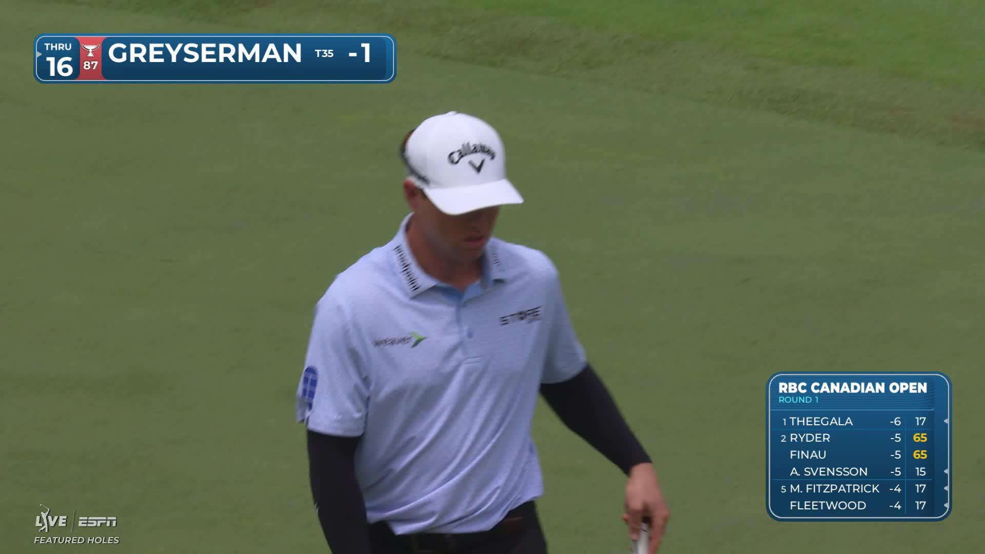 Max Greyserman sinks 28-foot birdie putt on No. 7 at RBC Canadian