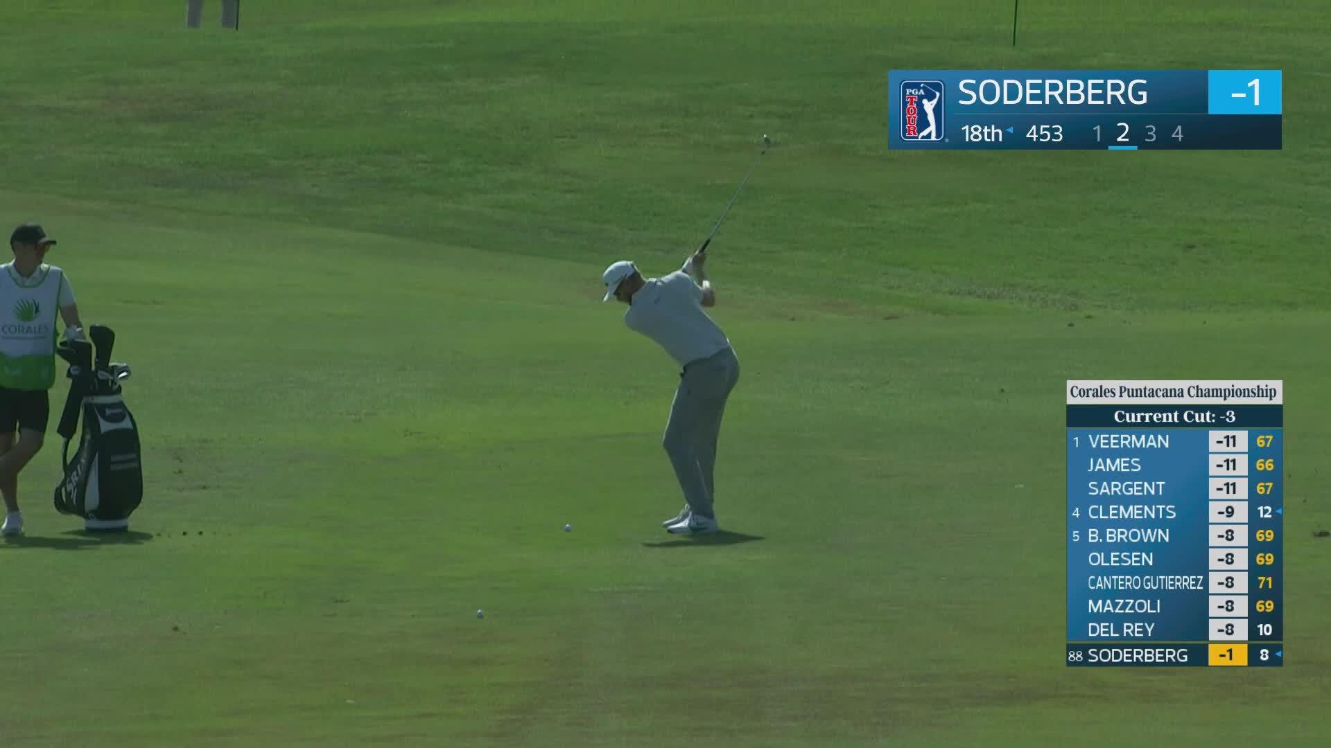 Sebastian Soderberg gets up-and-down from 151 yards for birdie on No. 18 at Corales Puntacana