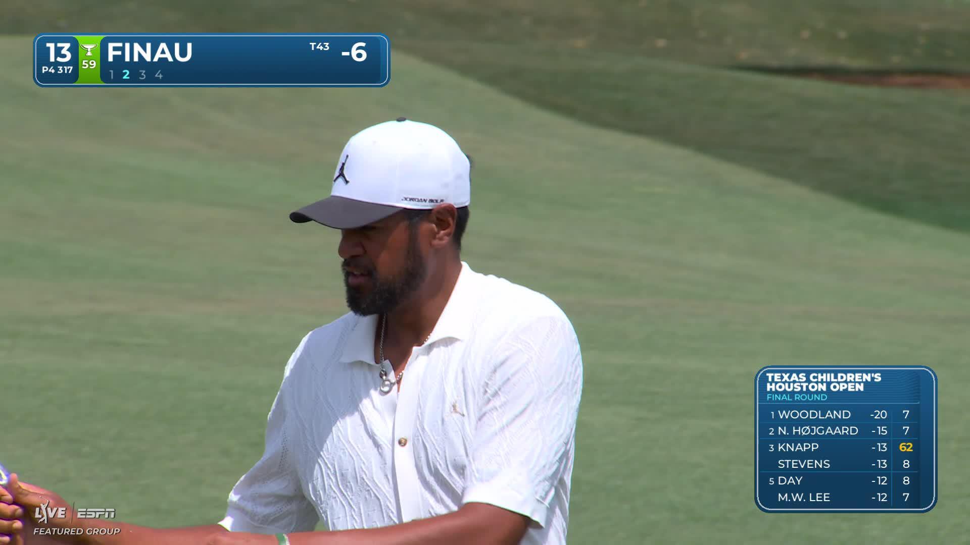 Tony Finau nearly chips in for eagle, taps in for birdie on No. 13 at Texas Children's