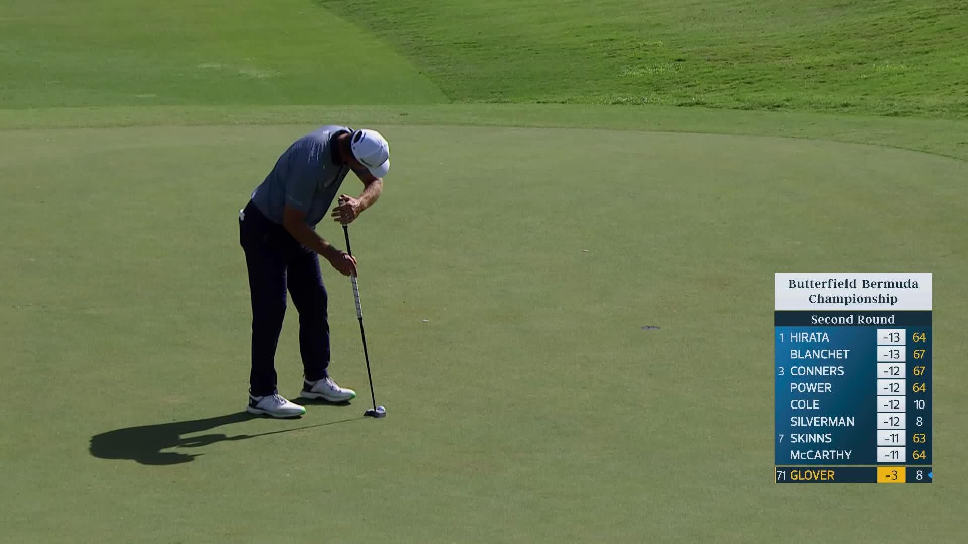 Lucas Glover sinks 11-foot putt for birdie on No. 18 at Butterfield Bermuda