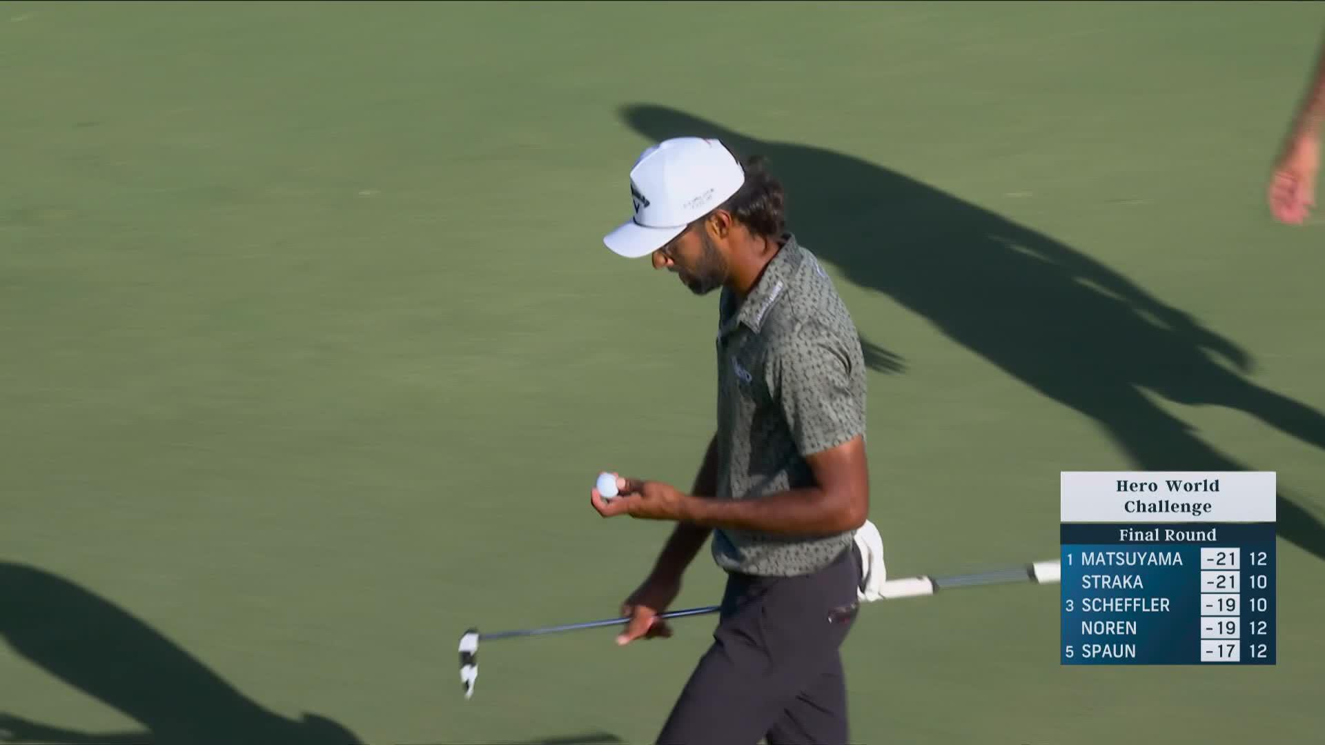 Akshay Bhatia holes out for birdie from 32-feet on No. 18 at Hero World Challenge