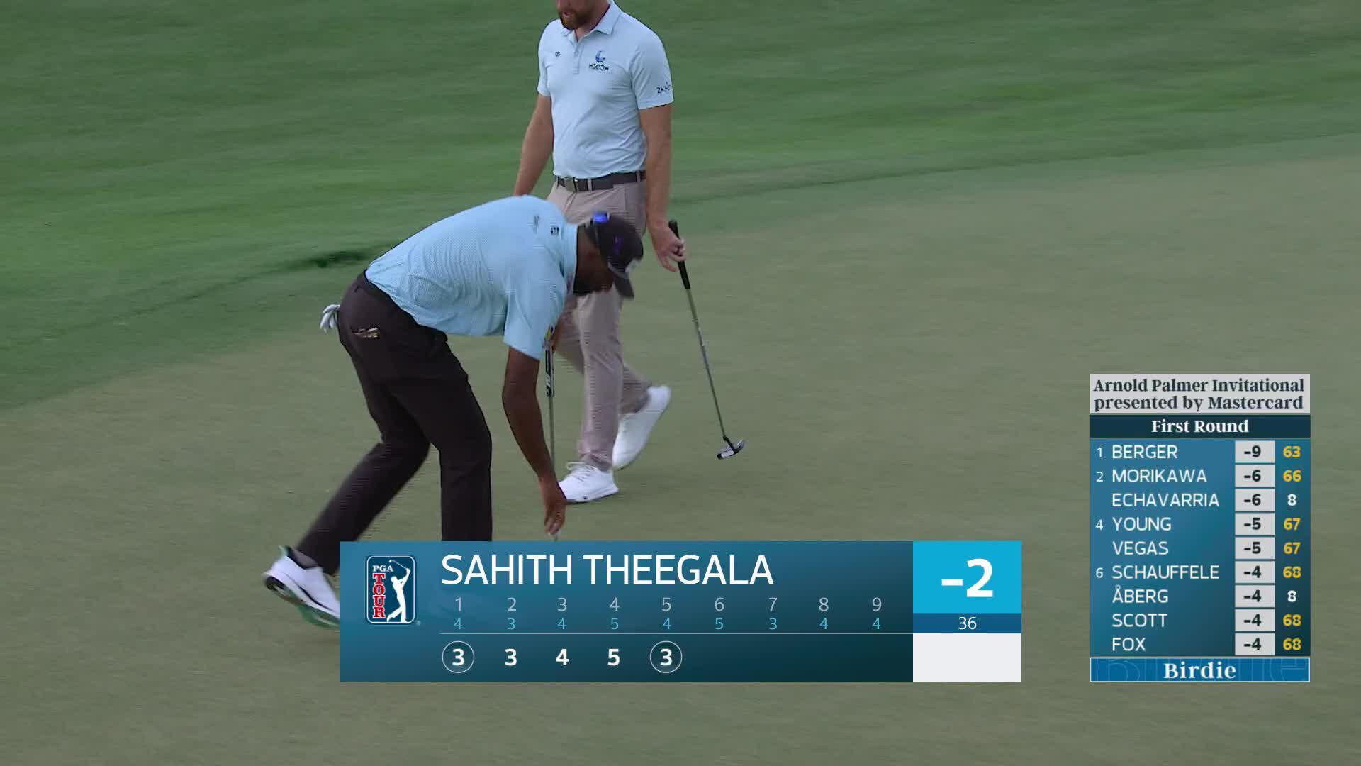 Sahith Theegala holes out 13-foot birdie putt on No. 5 at Arnold Palmer