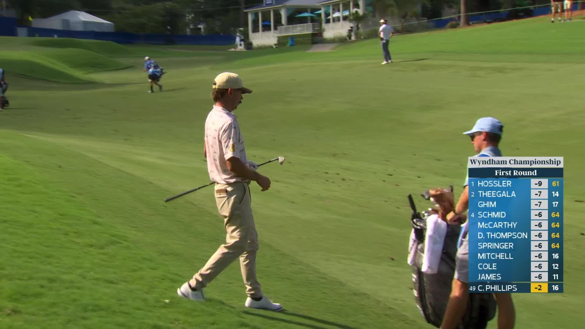 Chandler Phillips gets up-and-down from 131 yards for birdie on No. 17 at Wyndham
