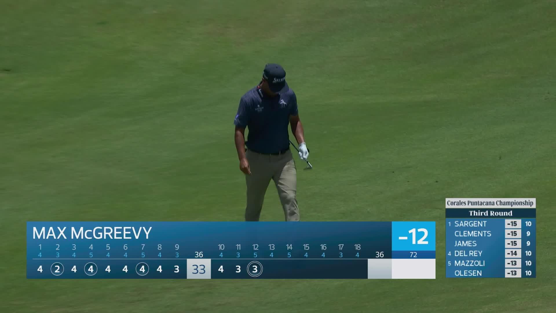 Max McGreevy holes 72-foot shot for eagle on No. 12 at Corales Puntacana