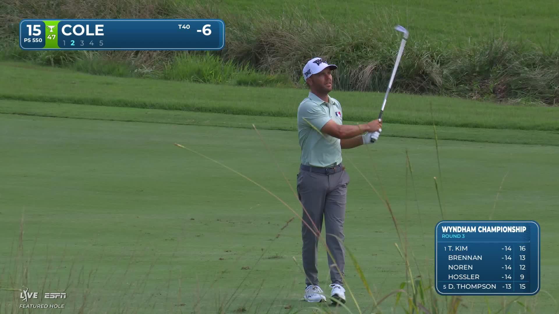 Eric Cole gets up-and-down from 58 yards for birdie on No. 15 at Wyndham