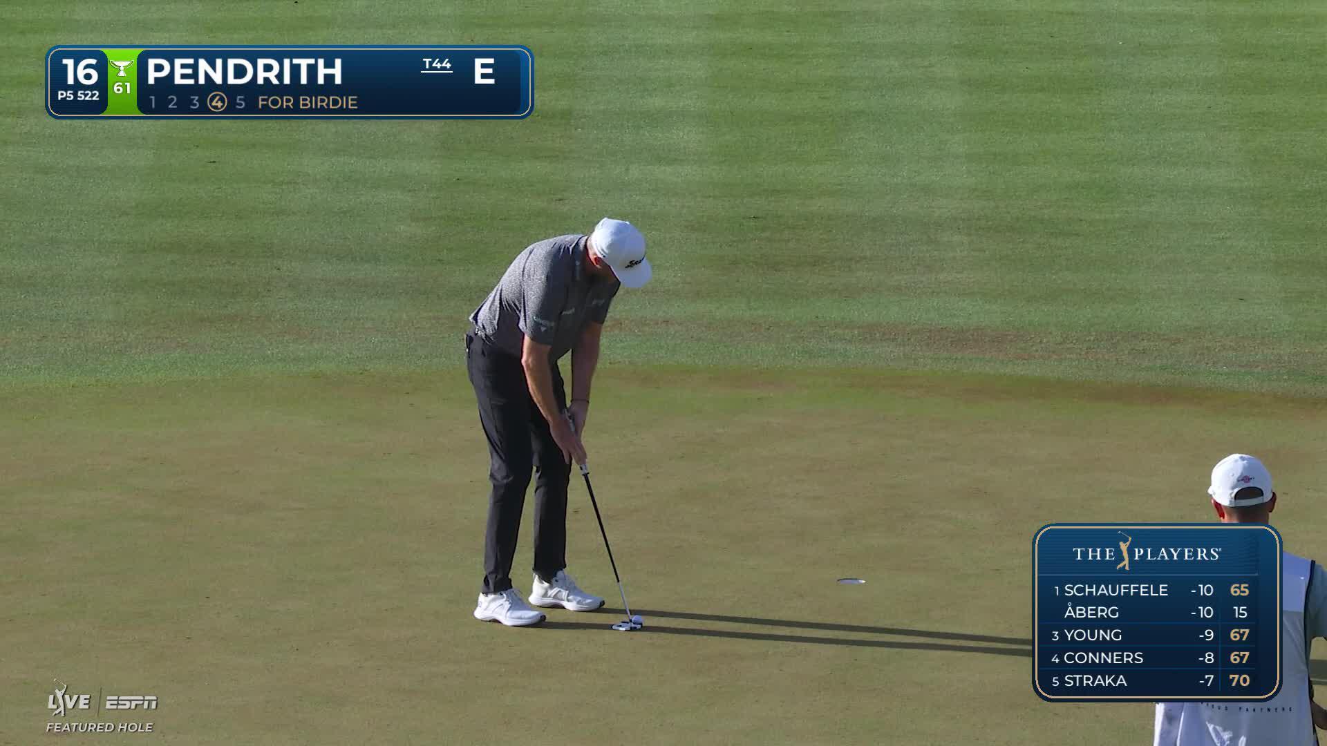 Taylor Pendrith sinks 4-foot birdie putt on No. 16 at THE PLAYERS
