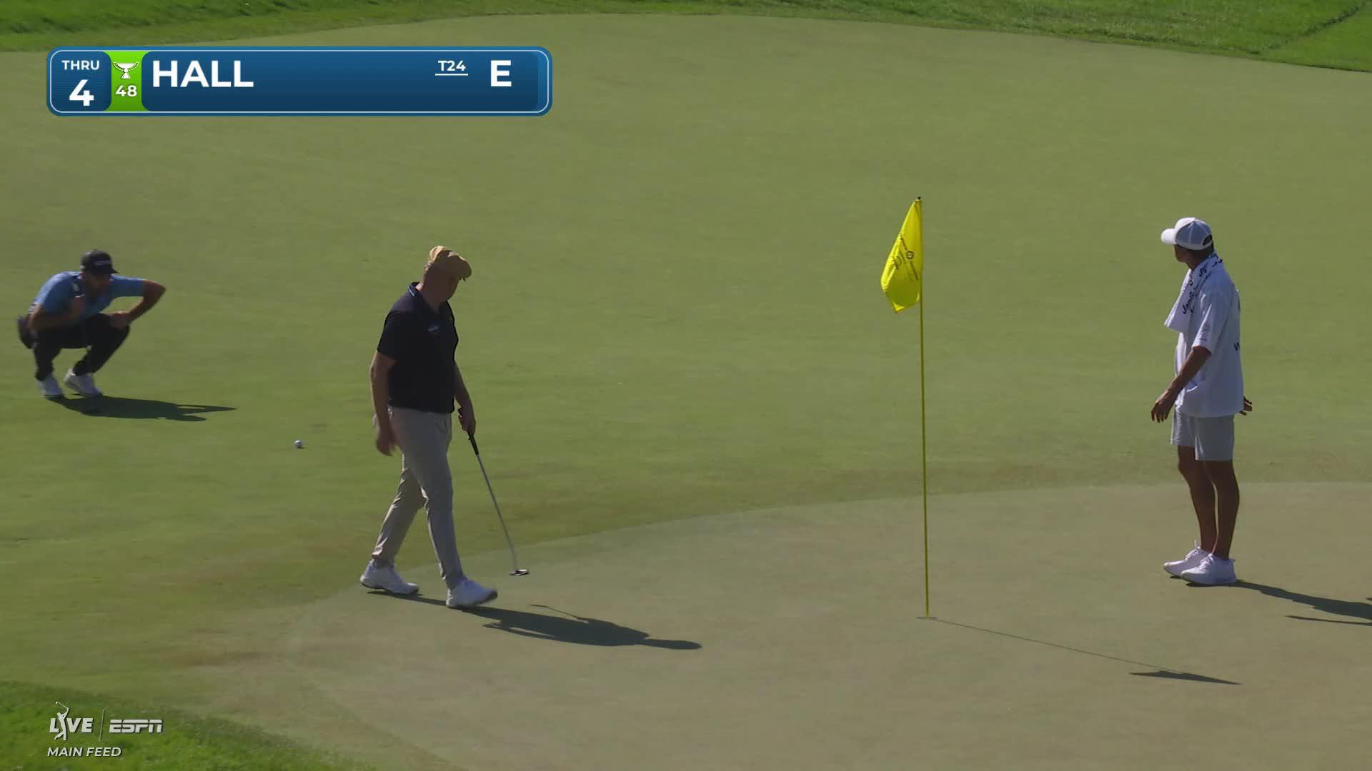 Harry Hall holes 27-foot shot for birdie on No. 4 at the Memorial