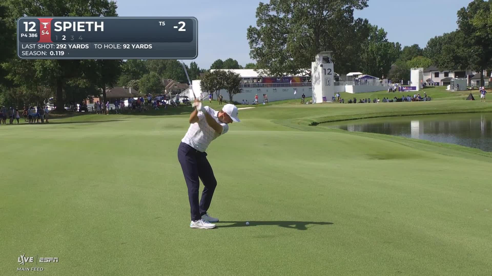 Jordan Spieth gets up-and-down from 92 yards for birdie on No. 12 at FedEx St. Jude
