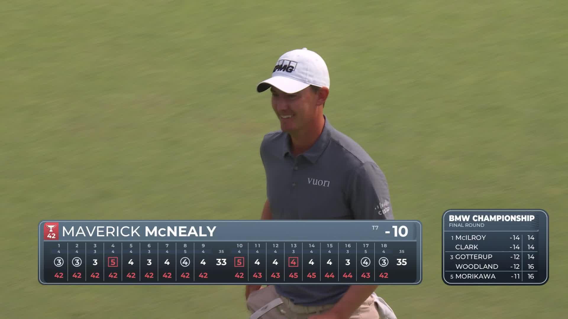 Maverick McNealy drains 12-foot putt for birdie on No. 18 at BMW Championship