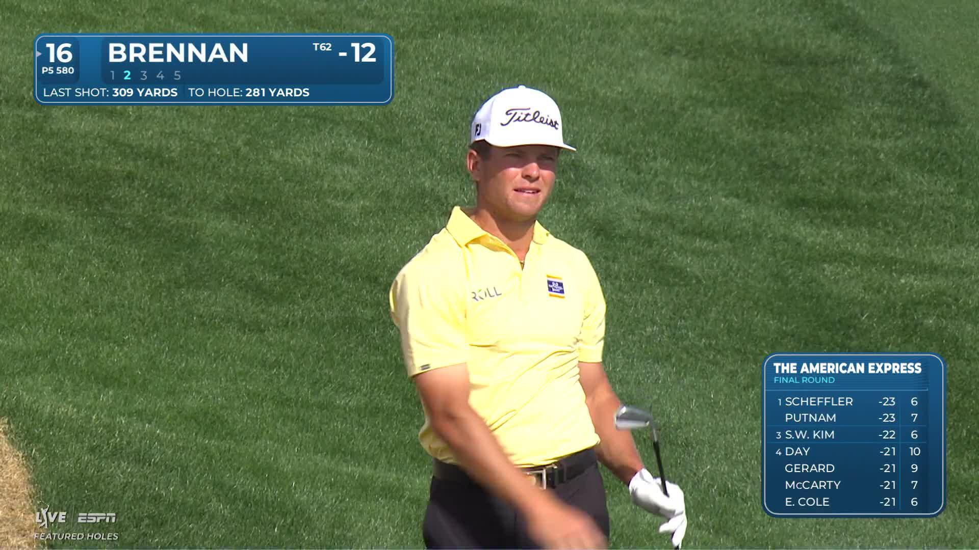 Michael Brennan chips in from 2 feet for birdie on No. 16 at The American Express