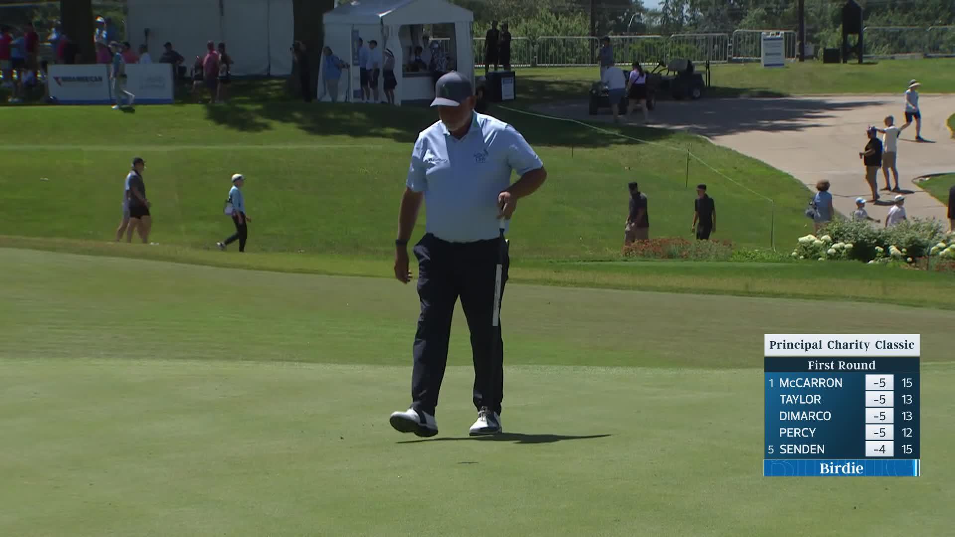 Darren Clarke makes birdie on No. 9 at Principal Charity Classic