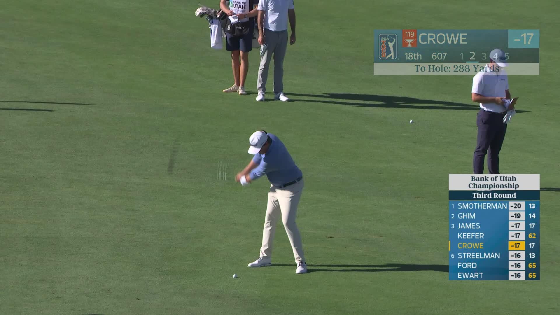 Trace Crowe drains 7-foot putt for birdie on No. 18 at Bank of Utah