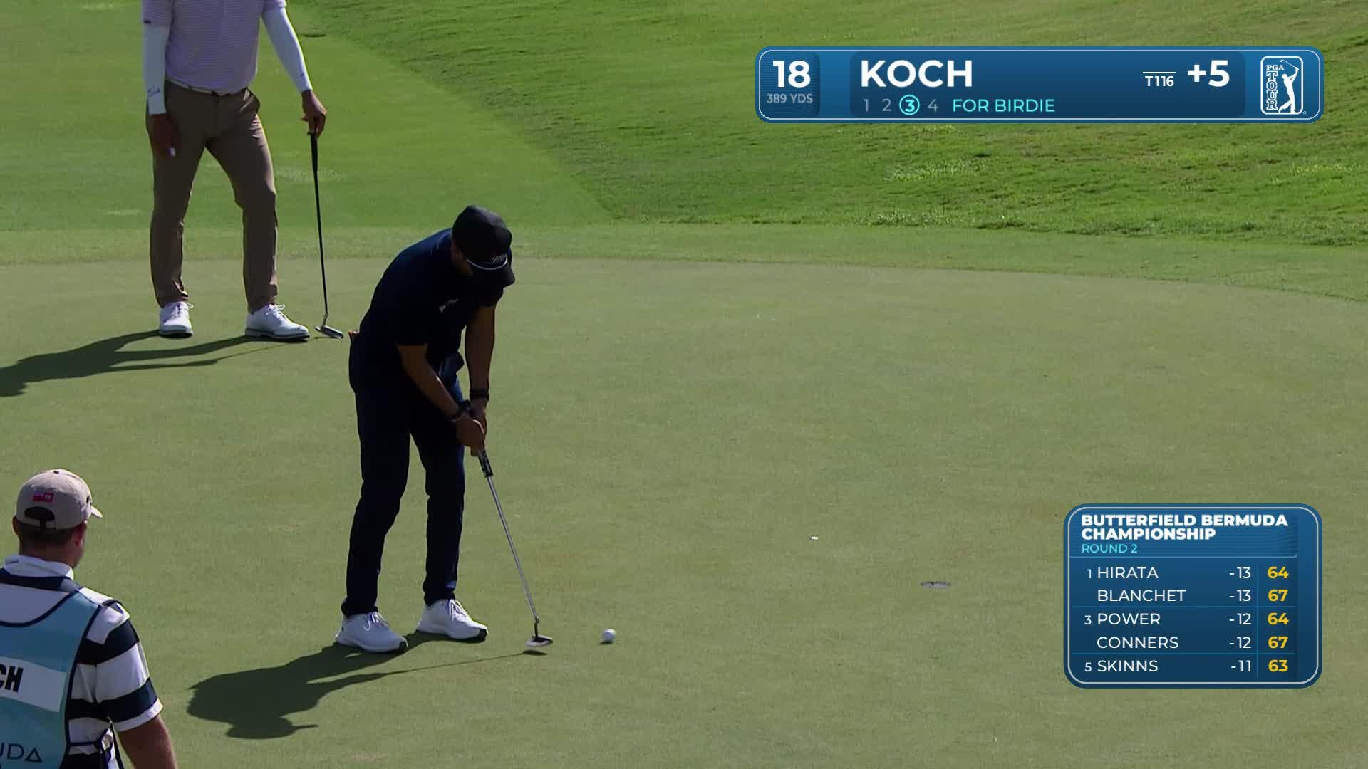 Greg Koch drains 7-foot putt for birdie on No. 18 at Butterfield Bermuda