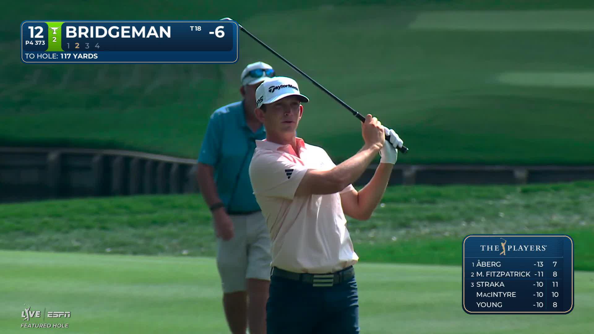 Jacob Bridgeman hits 116-yard approach to 3 feet, sets up birdie on No. 12 at THE PLAYERS