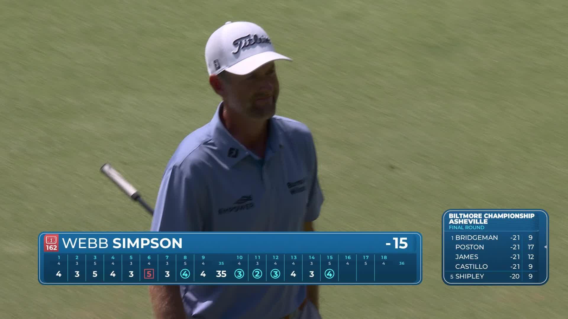 Webb Simpson sinks 10-foot birdie putt on No. 15 at Biltmore Championship