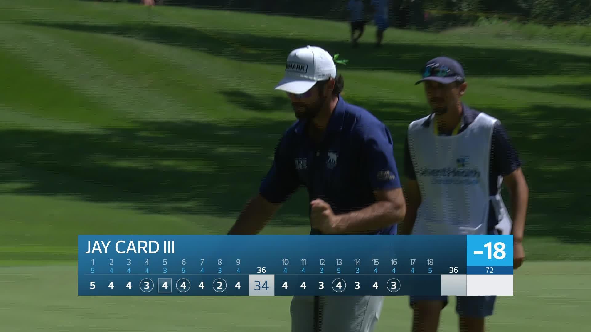 Jay Card III sinks a 28-foot birdie putt on No. 16 at AdventHealth