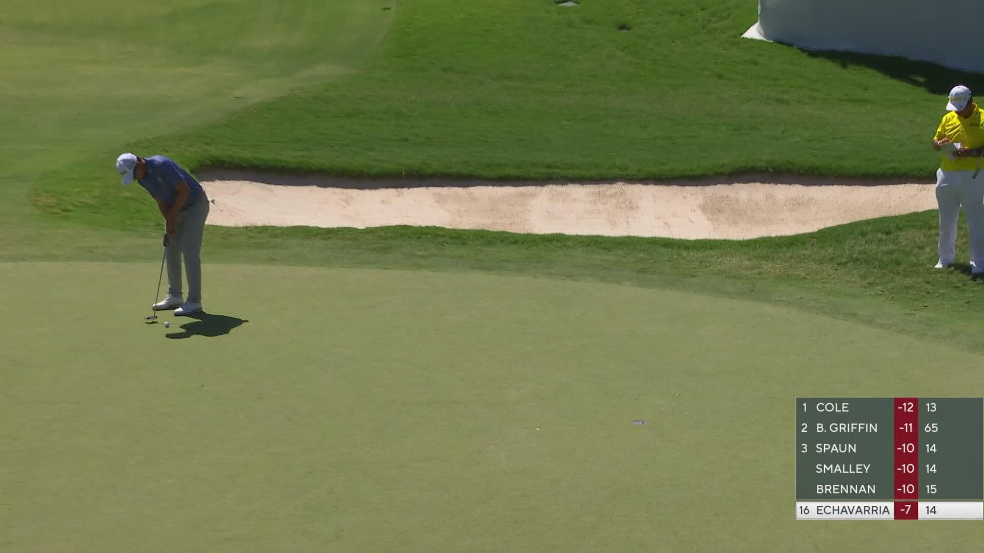 Nico Echavarria drains 18-foot birdie putt on No. 15 at Charles Schwab