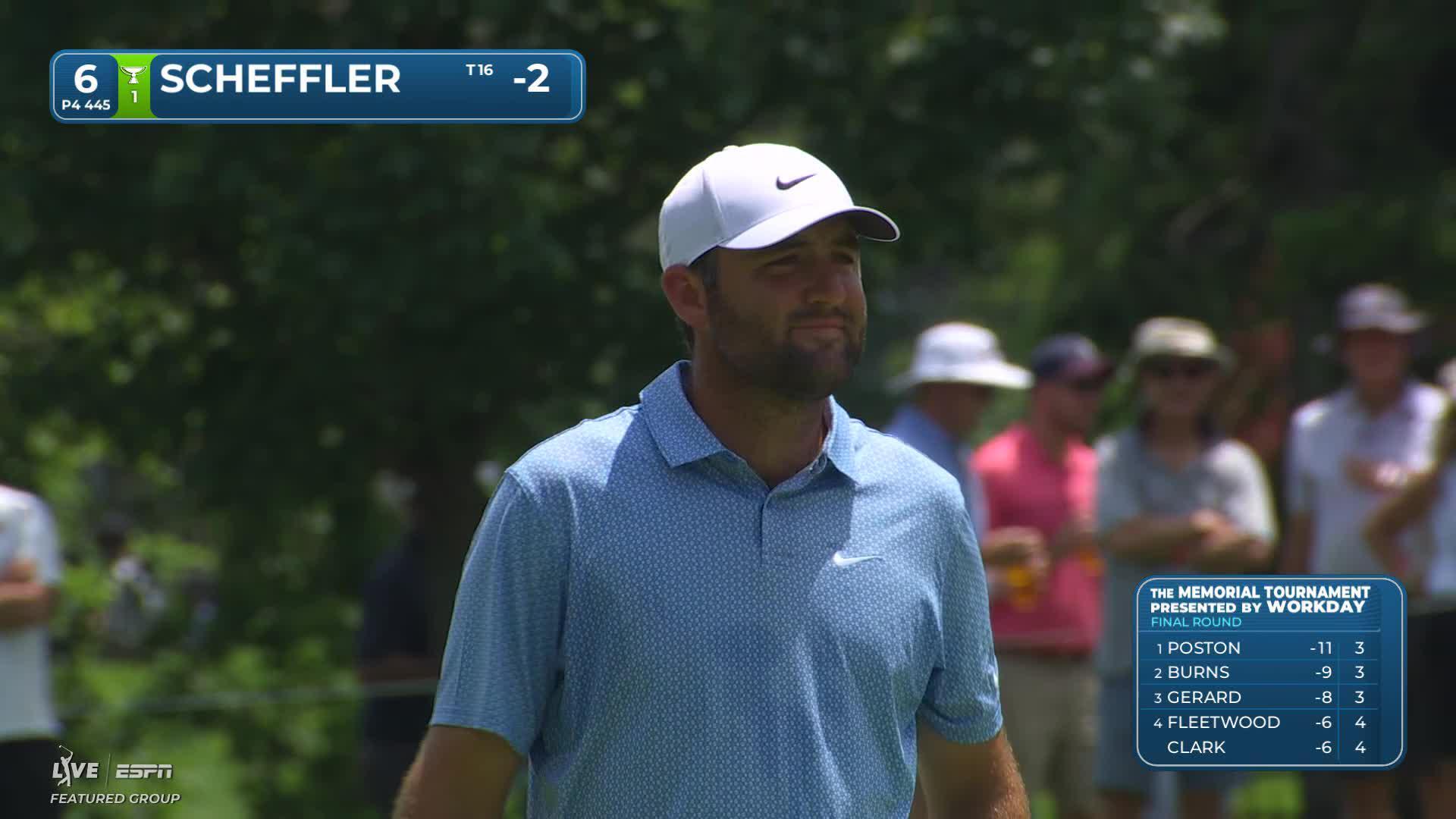 Scottie Scheffler's 123-yard approach sets up birdie on No. 6 at the Memorial