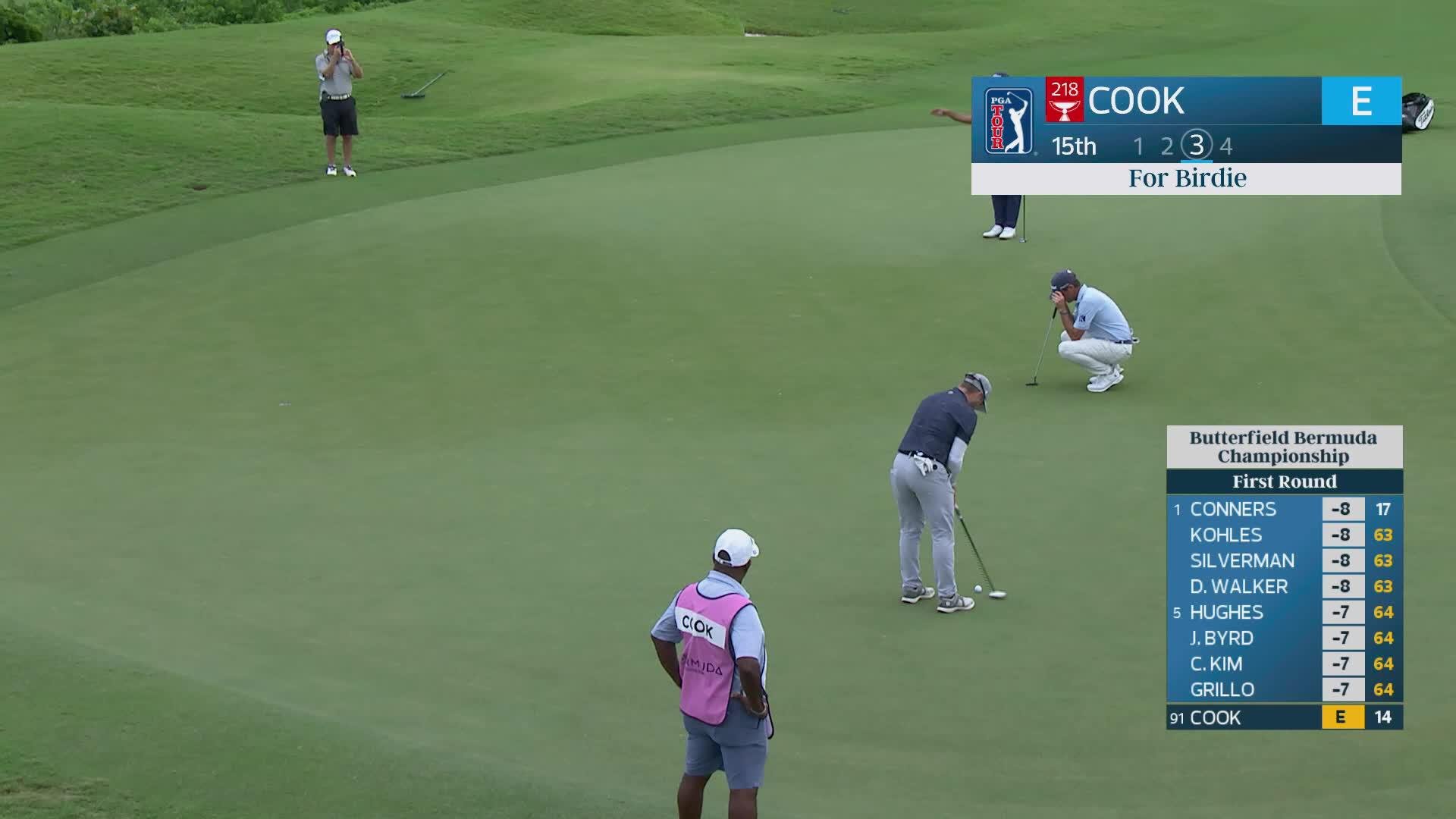 Austin Cook drains 30-foot birdie putt on No. 15 at Butterfield Bermuda