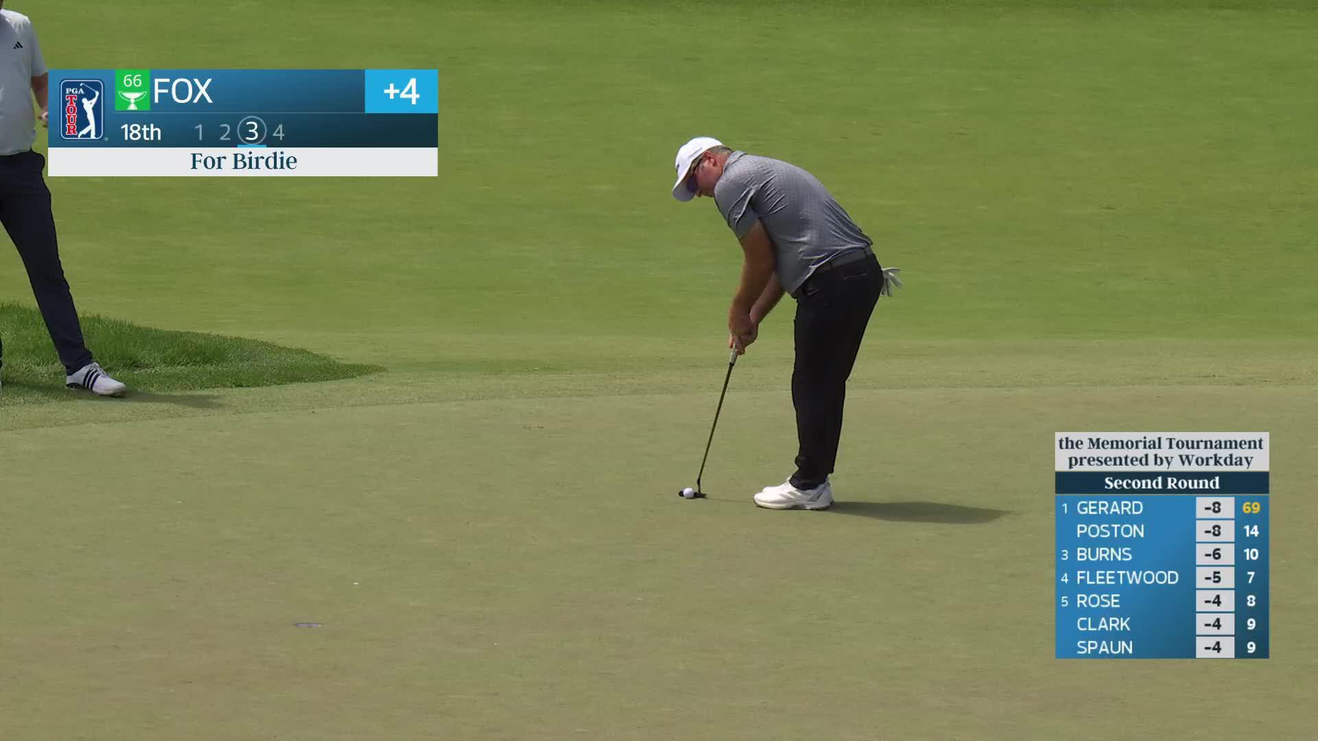 Ryan Fox sinks 11-foot birdie putt on No. 18 at the Memorial