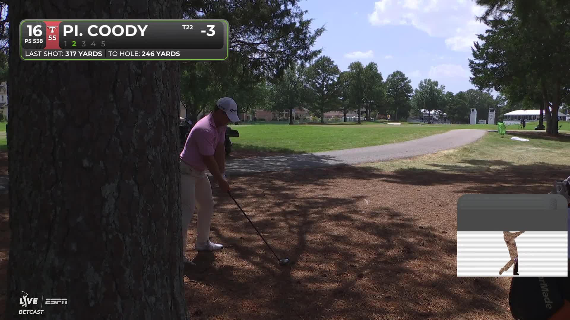 Pierceson Coody gets up-and-down from 40 yards for birdie on No. 16 at FedEx St. Jude