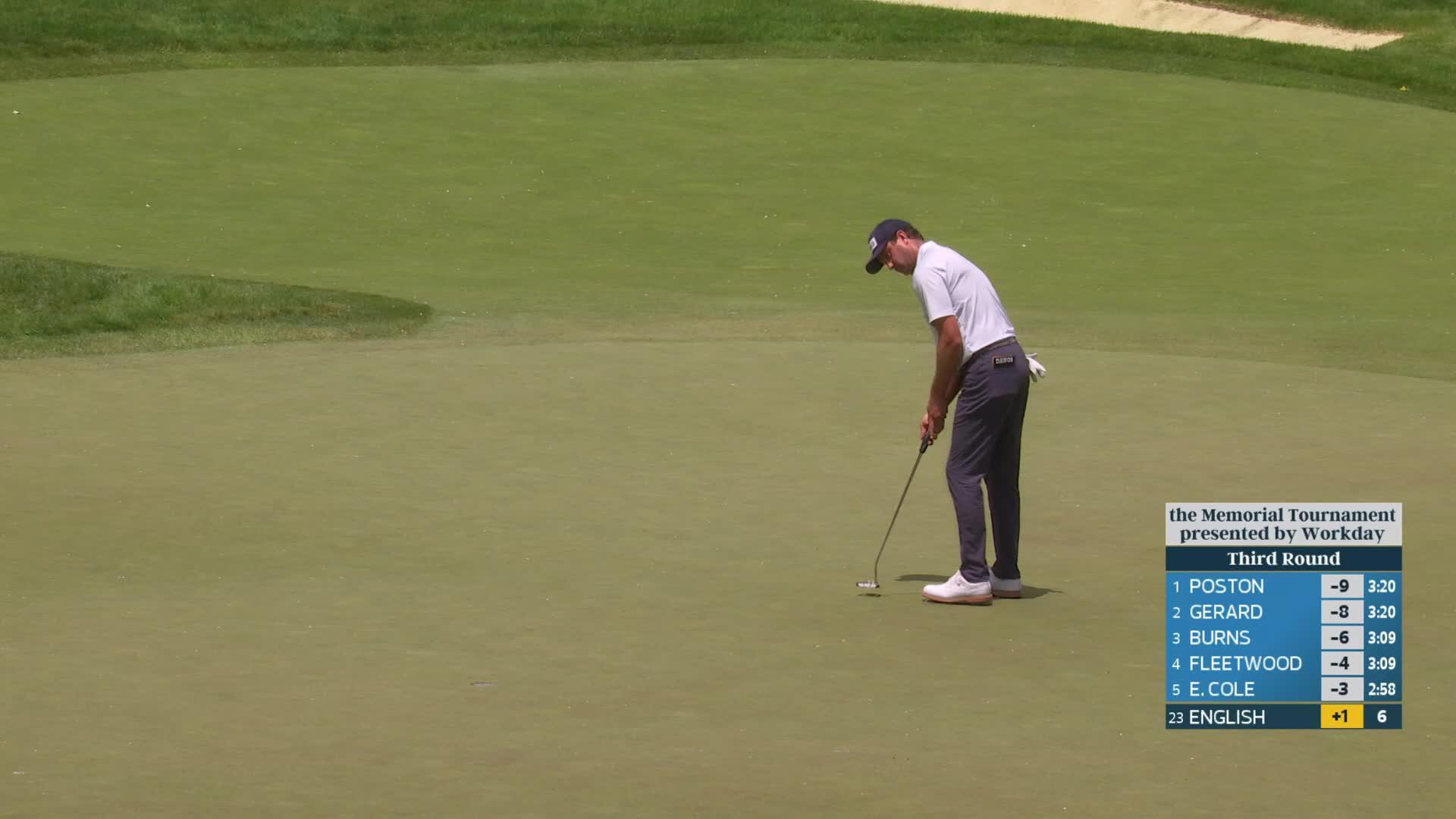 Harris English sinks 11-foot putt for birdie on No. 7 at the Memorial