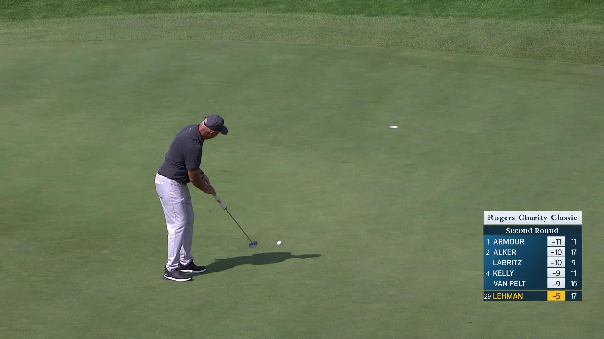Tom Lehman makes eagle putt on No. 18 at Rogers Charity Classic