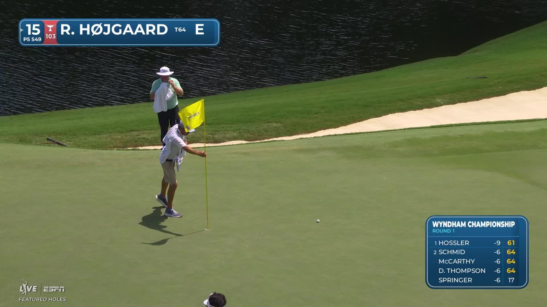 Rasmus Højgaard sinks 6-foot birdie putt on No. 15 at Wyndham