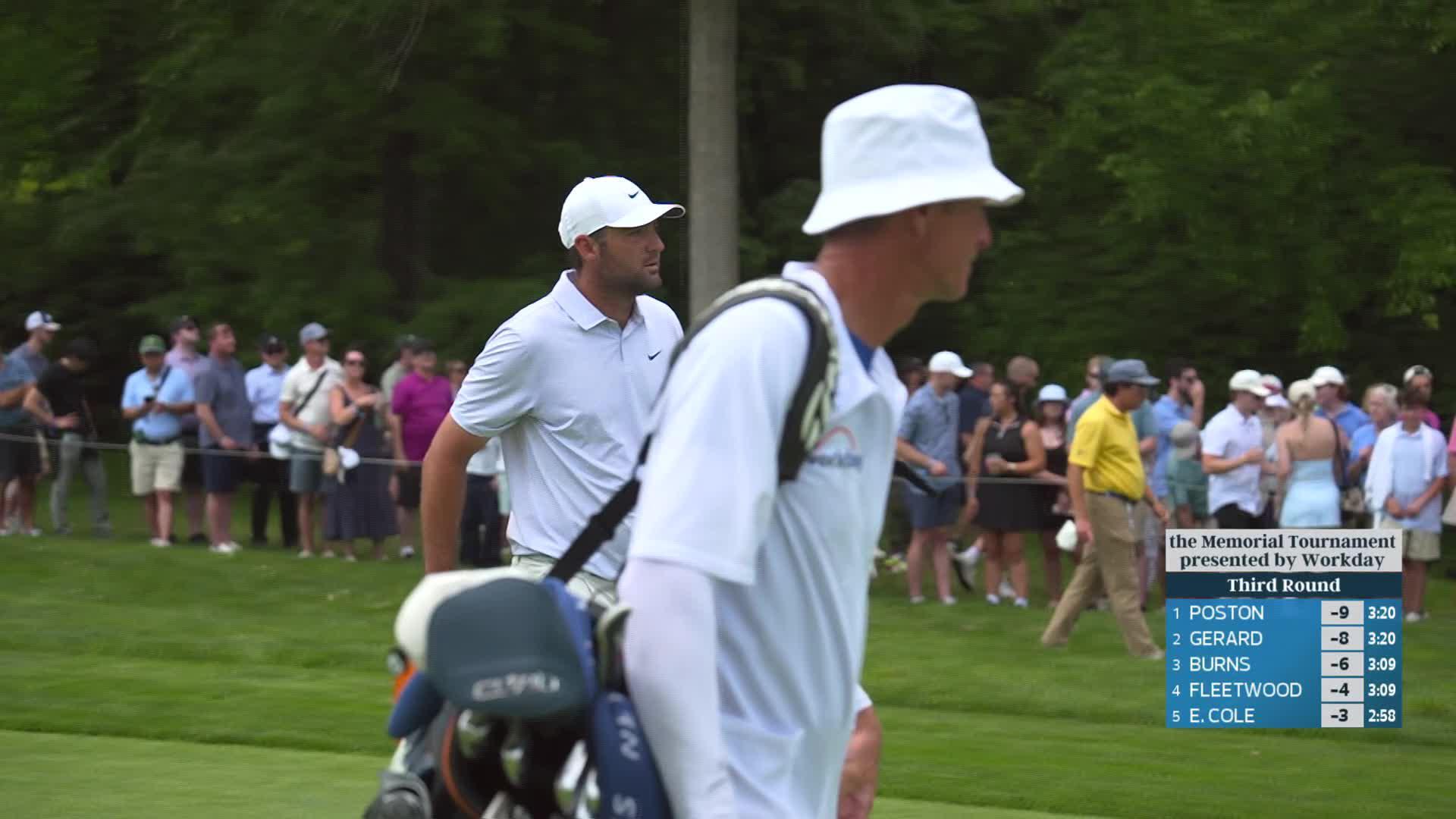 Scottie Scheffler sinks 2-foot birdie putt on No. 5 at the Memorial