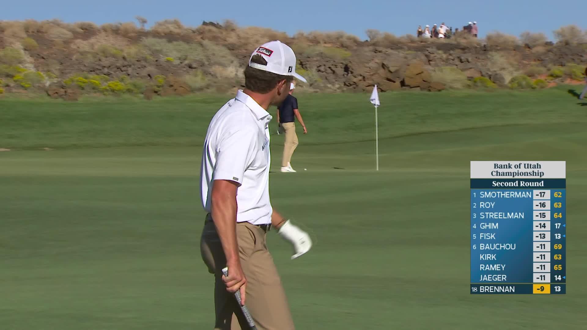 Michael Brennan gets up-and-down from 46 yards for birdie on No. 14 at Bank of Utah