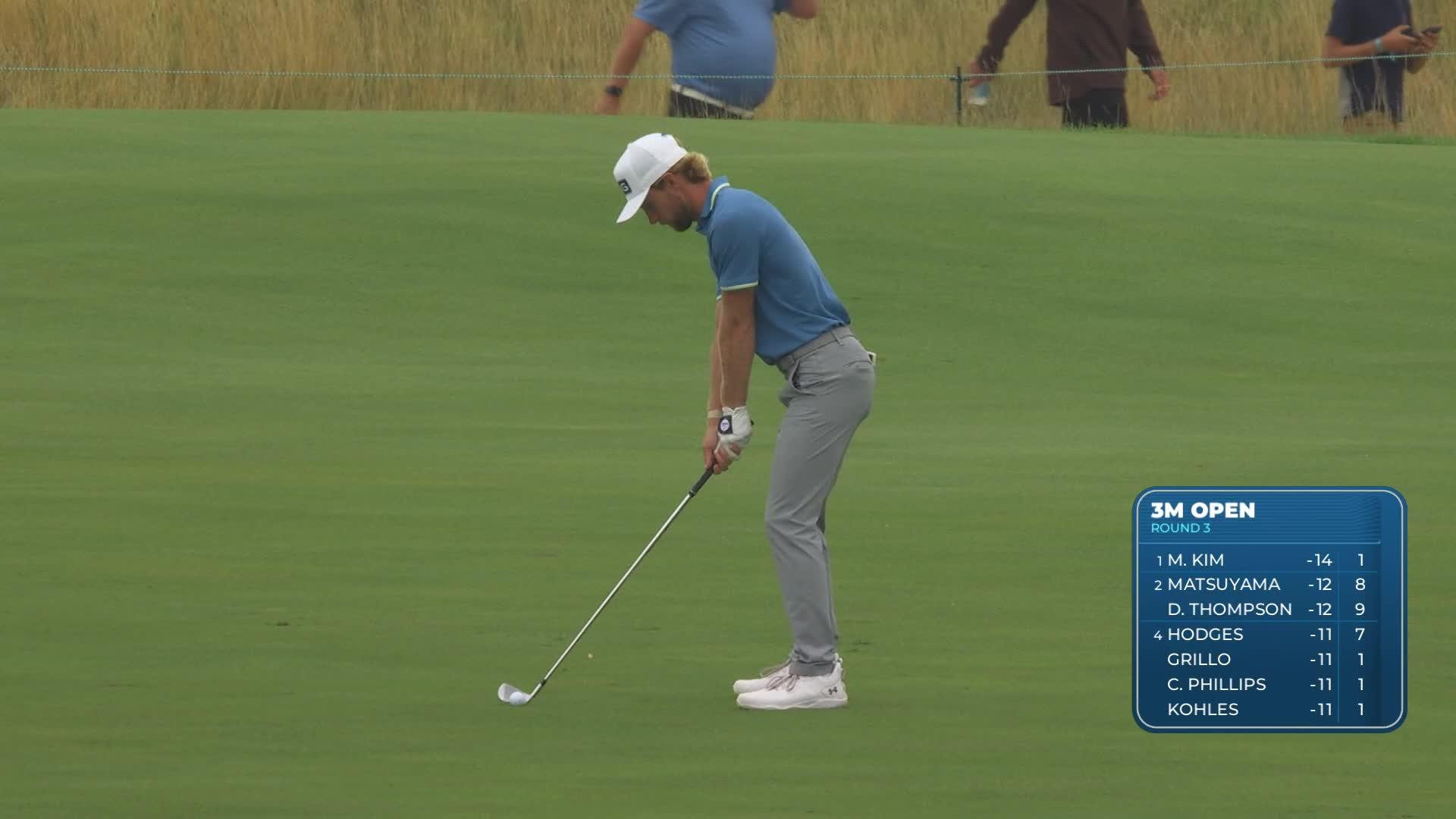 Rasmus Neergaard-Petersen sinks 15-foot eagle putt on No. 18 at 3M Open