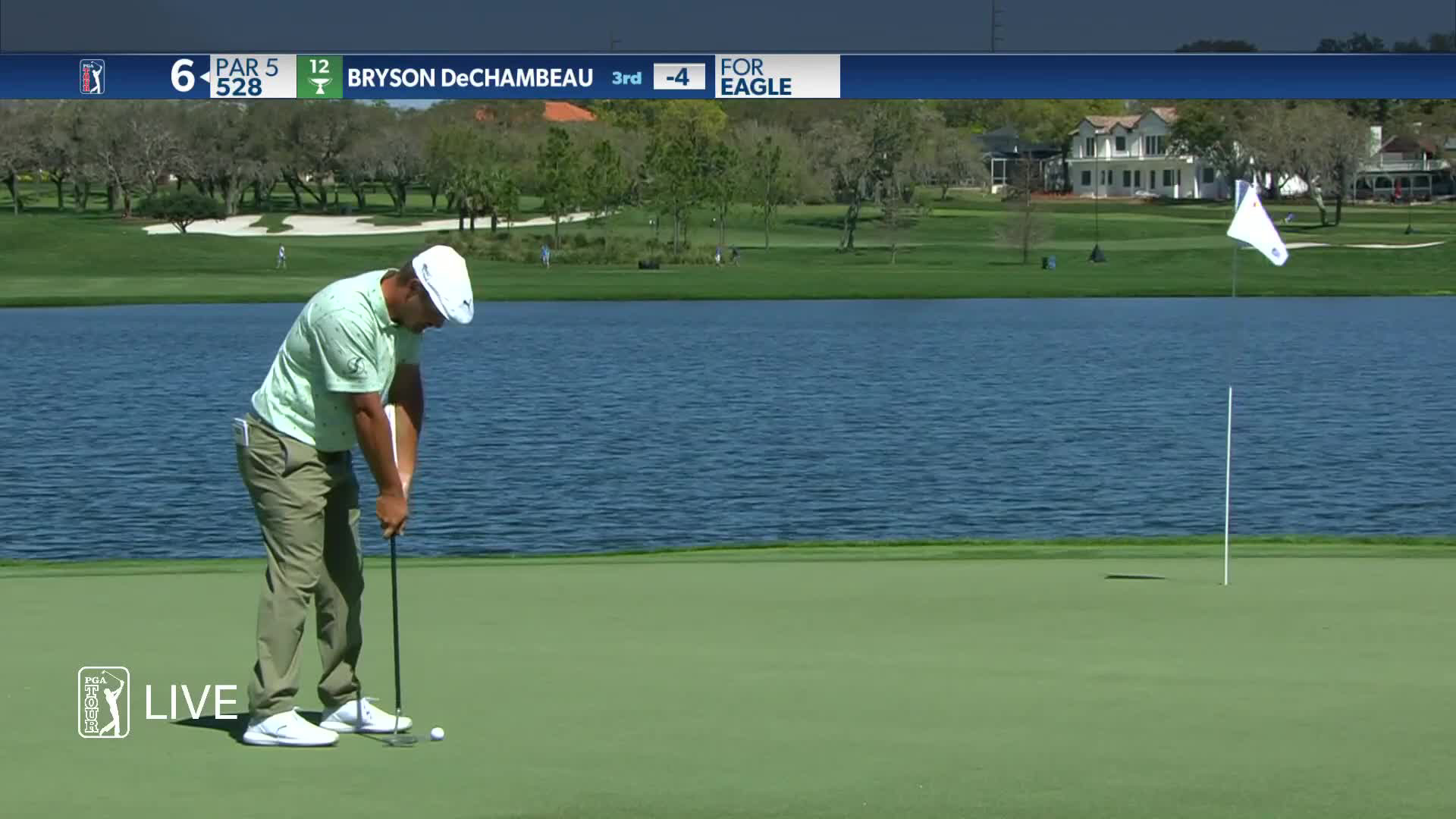 Bryson DeChambeau tries to drive green at Bay Hill's par-5 No. 6