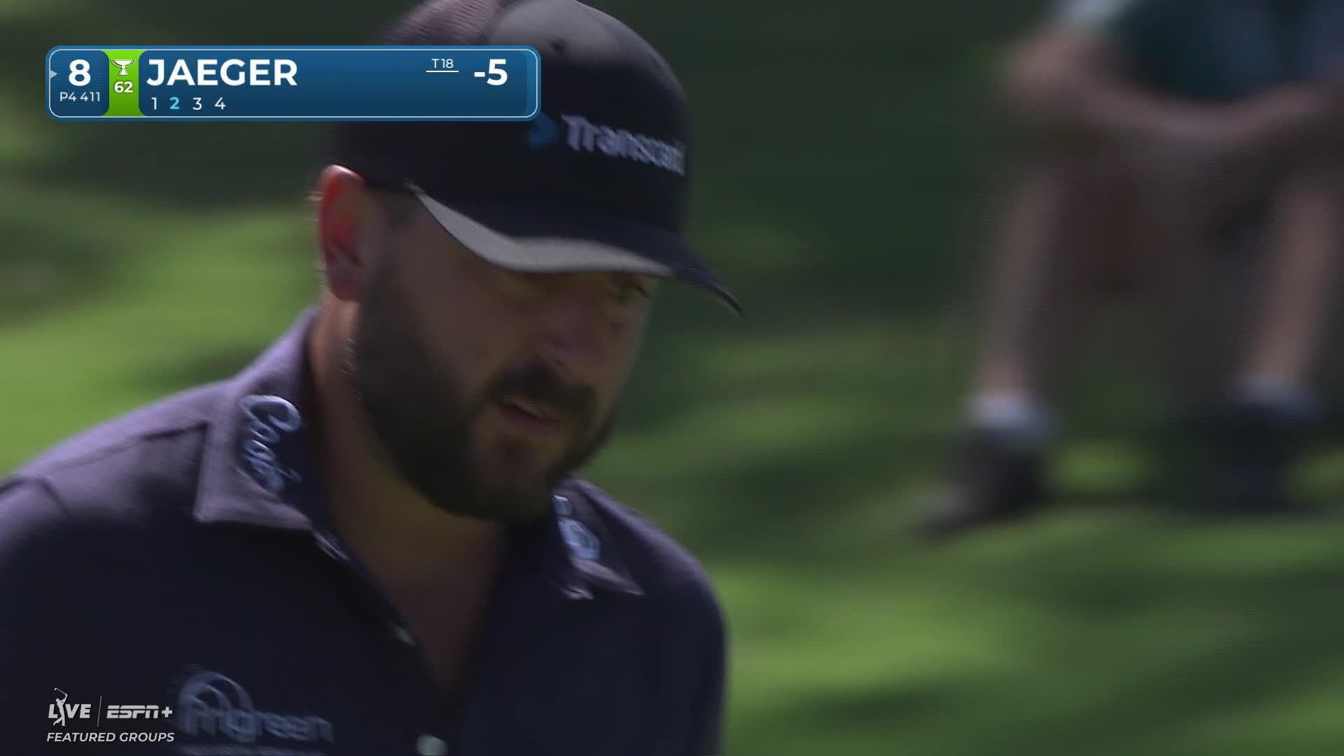 Stephan Jaeger drains a long putt just off the green for birdie, moving to six under at Sanderson Farms