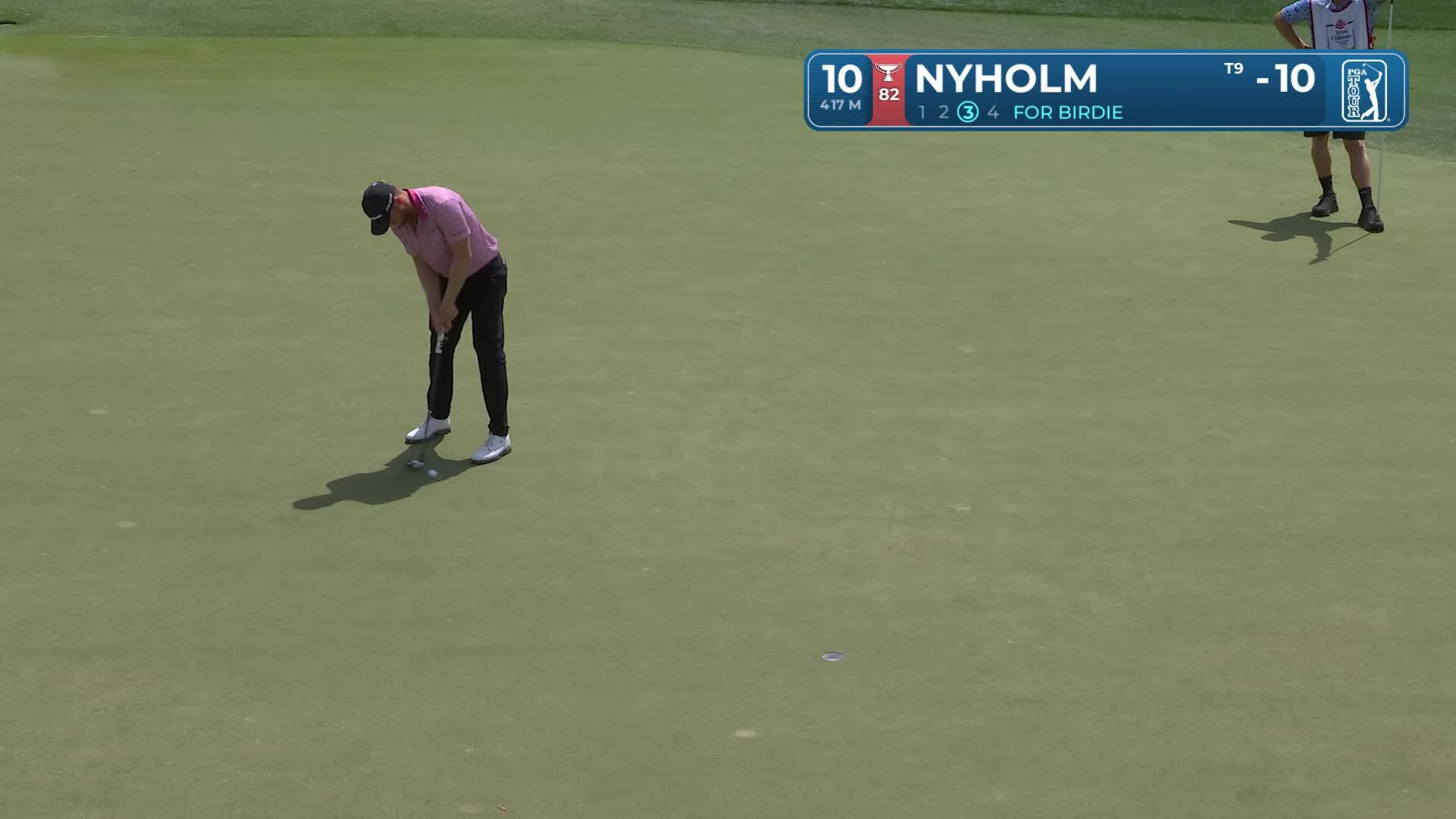 Pontus Nyholm sinks 12-foot birdie putt on No. 10 at Texas Children's