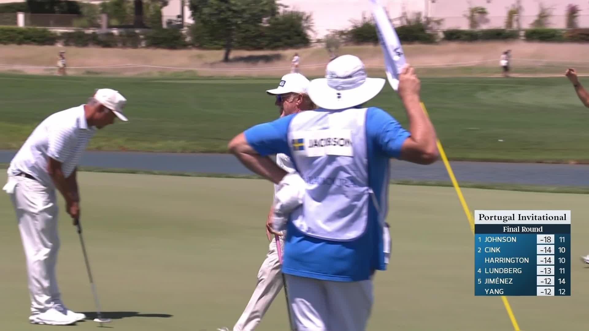 Miguel Angel Jiménez makes birdie putt on No. 14 at Portugal Invitational