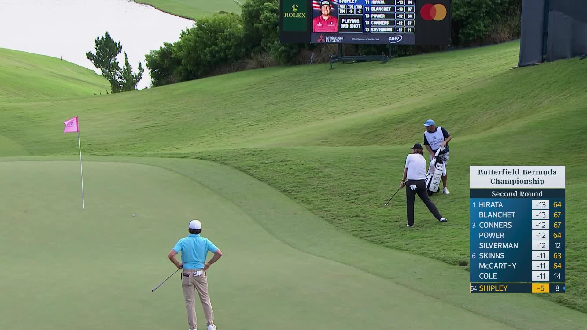 Neal Shipley holes 23-foot shot from rough for birdie on No. 18 at Butterfield Bermuda