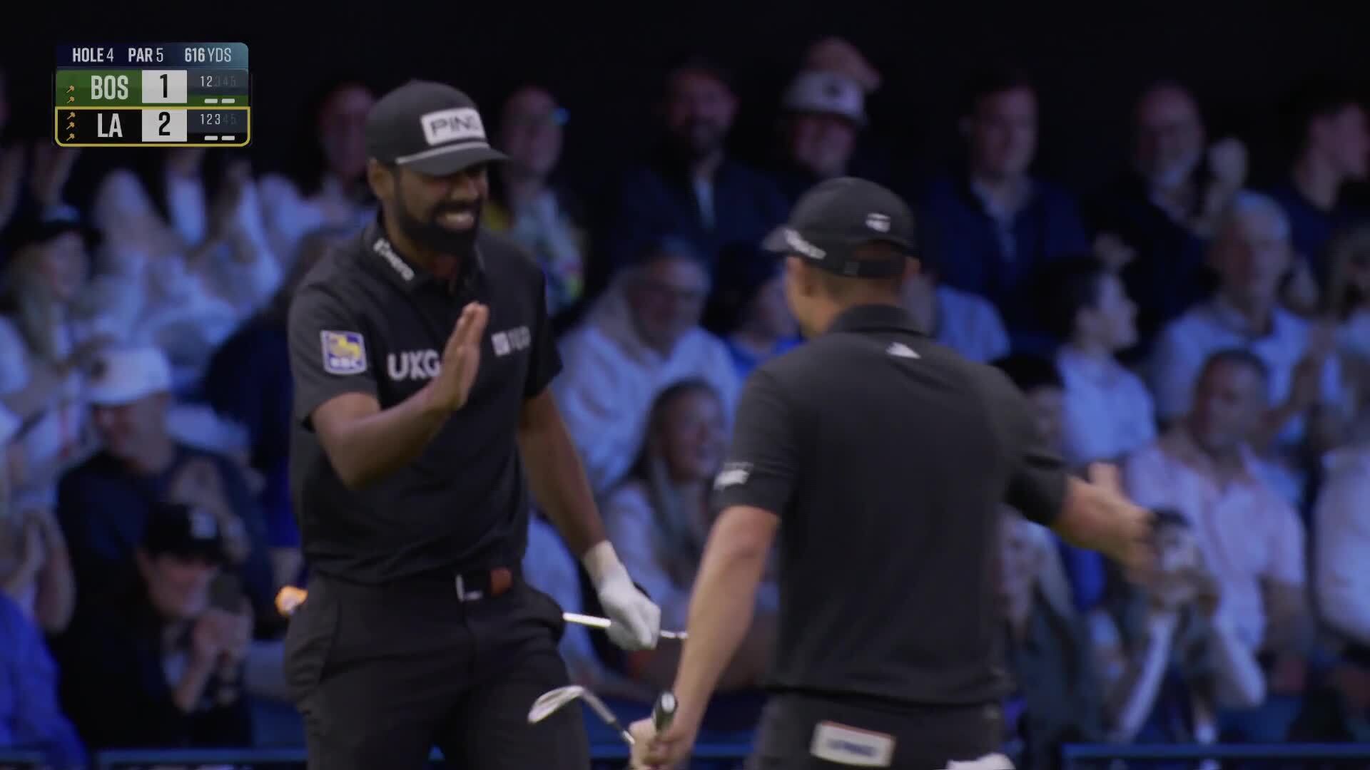 Sahith Theegala holes electric chip at TGL