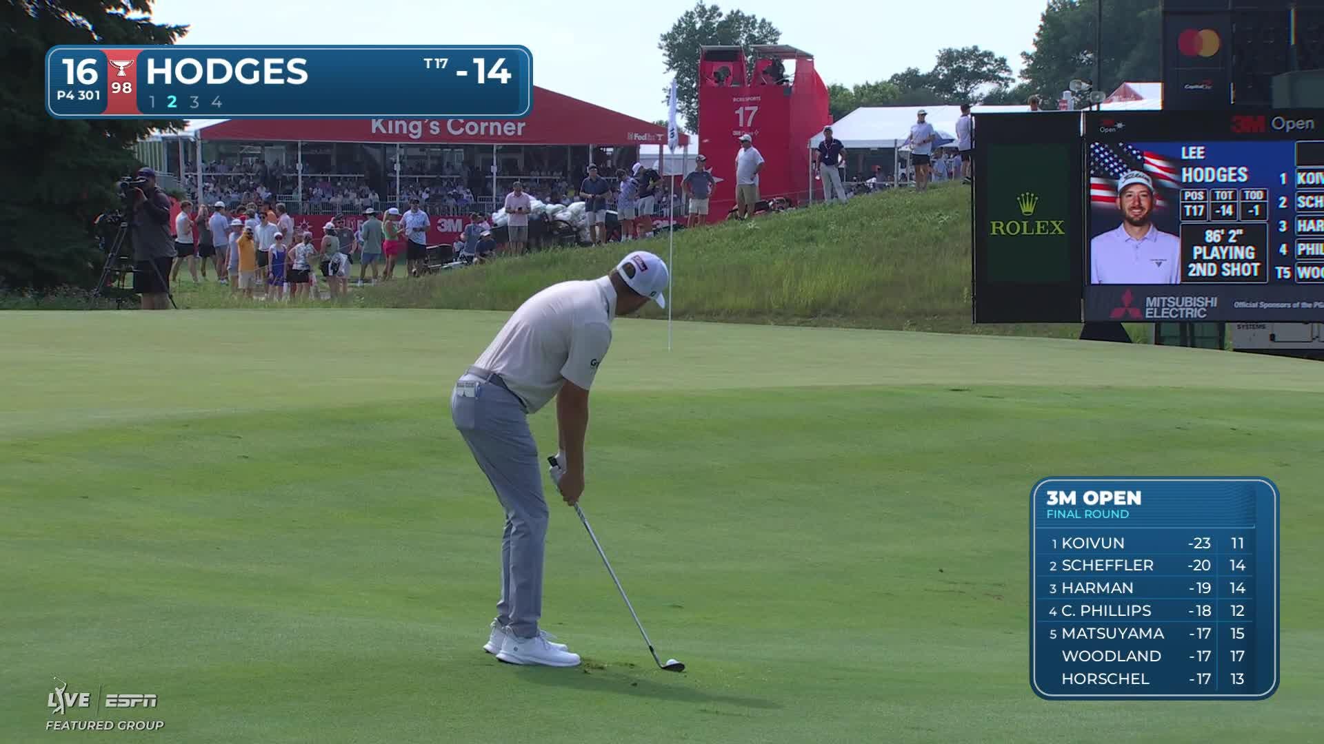 Lee Hodges gets up-and-down from 87 feet for birdie on No. 16 at 3M Open