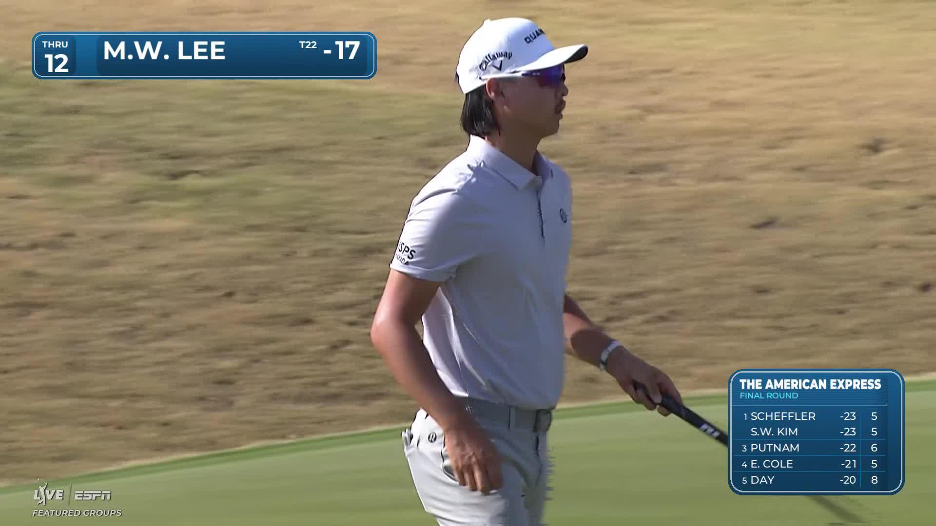 Min Woo Lee sinks 6-foot birdie putt on No. 12 at The American Express