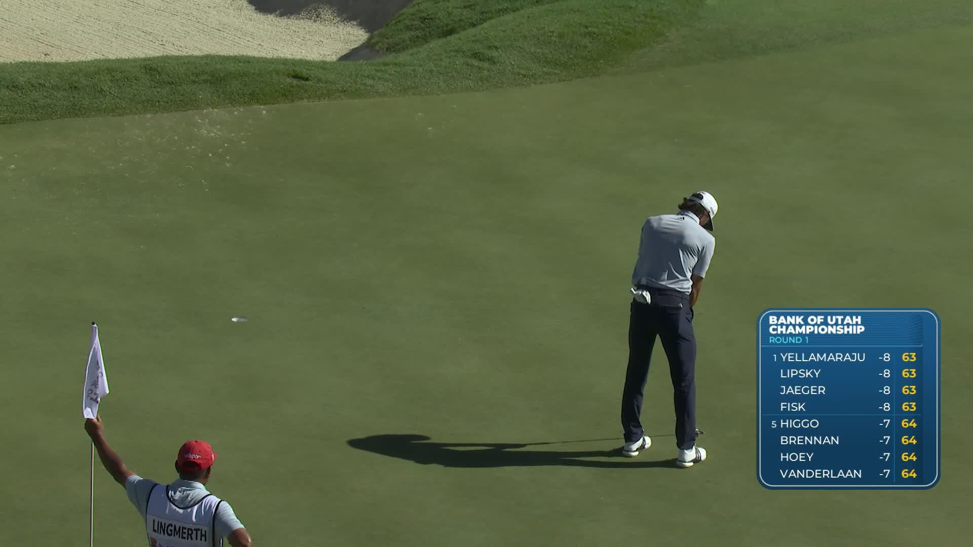 Marco Penge drains 12-foot putt for birdie on No. 16 at Bank of Utah