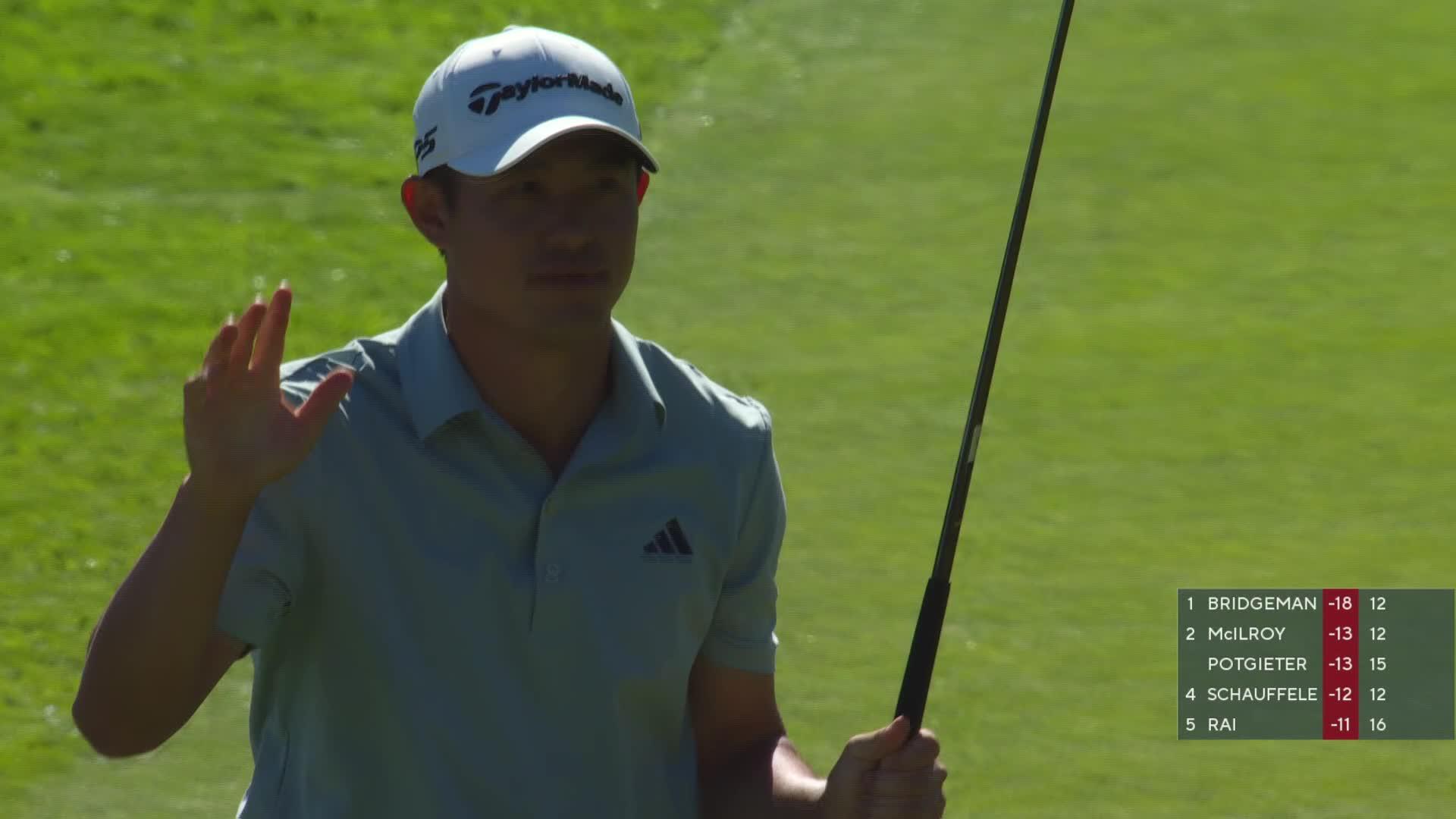 Collin Morikawa holes out from 42 feet for birdie on No. 18 at The Genesis