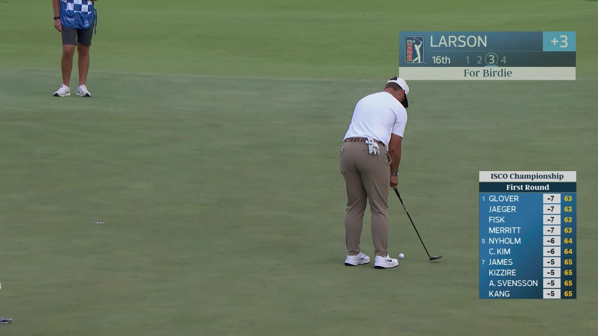 Anders Larson sinks 11-foot birdie putt on No. 16 at ISCO Championship