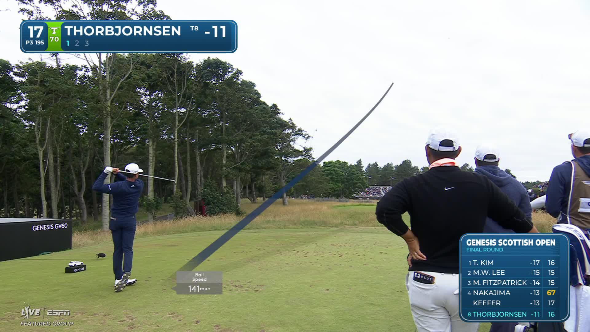 Michael Thorbjornsen drains 19-foot putt for birdie on No. 17 at Genesis Scottish Open