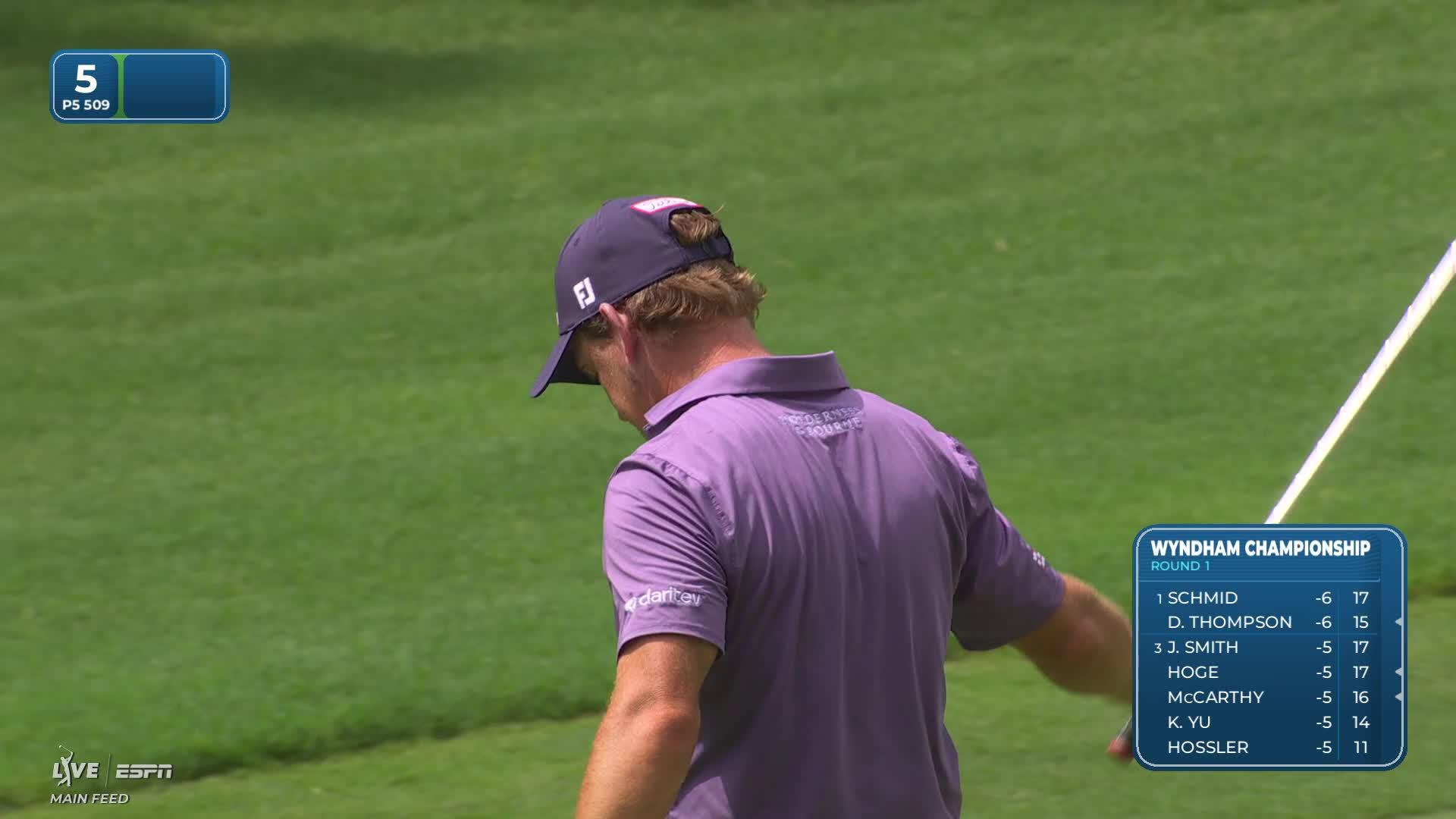 Bud Cauley sinks 8-foot birdie putt on No. 5 at Wyndham