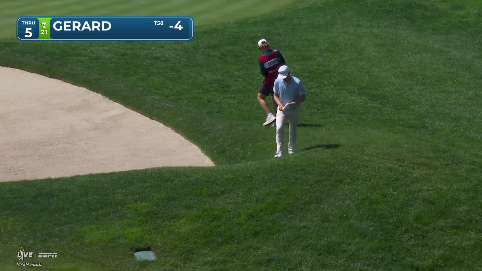 Ryan Gerard holes 41-foot greenside bunker shot for birdie on No. 5 at Travelers