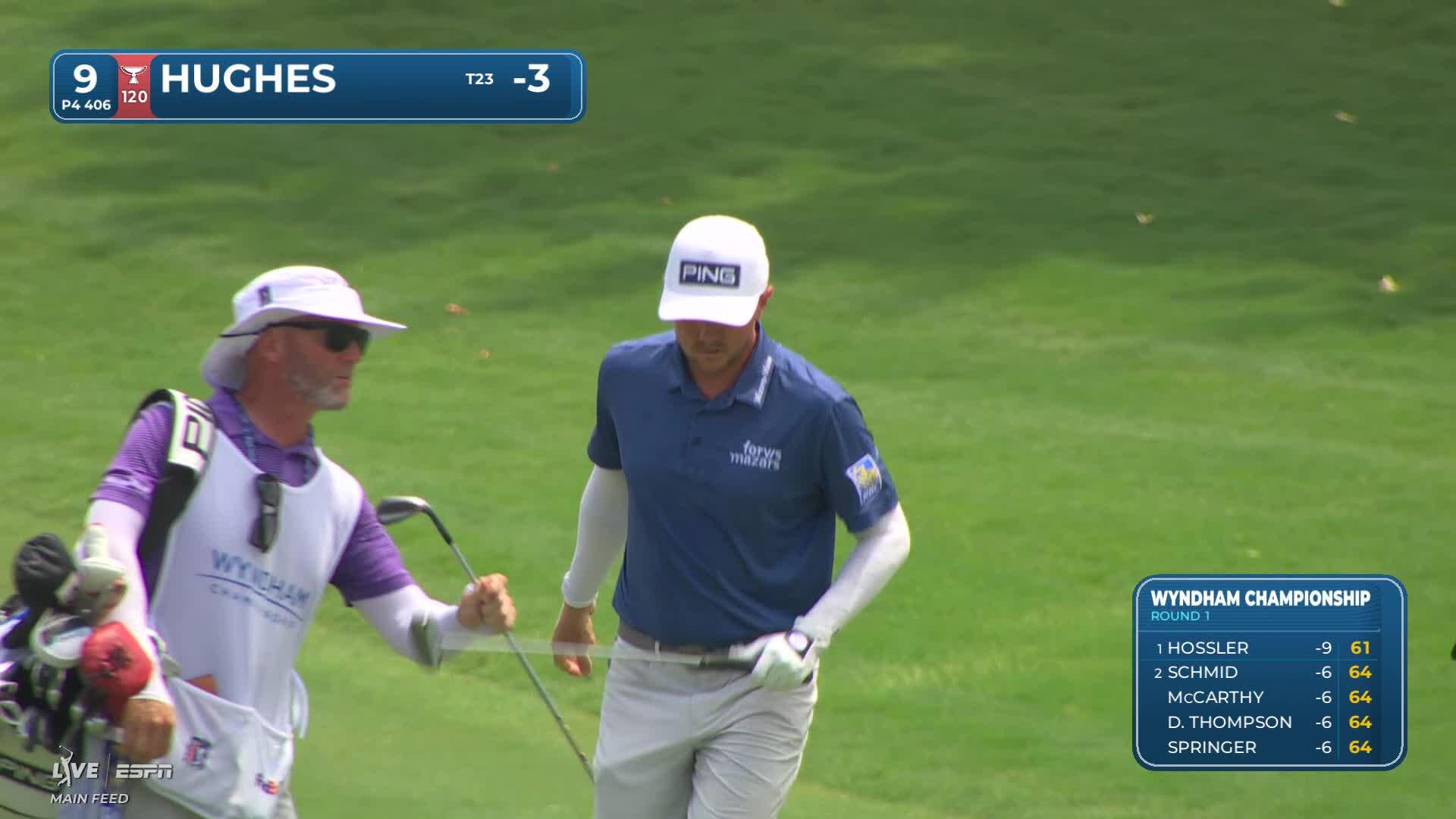 Mackenzie Hughes gets up-and-down from 93 yards for birdie on No. 9 at Wyndham