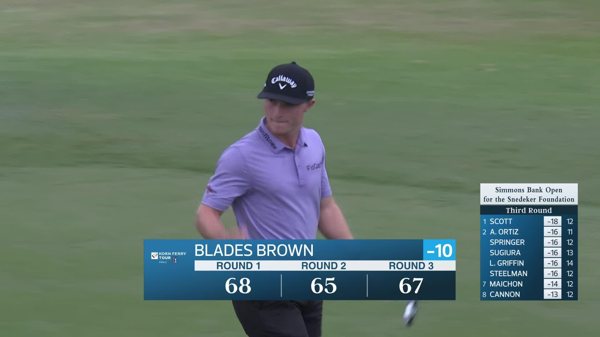 Blades Brown sinks a 28-foot birdie putt on No. 18 at Simmons Bank Open
