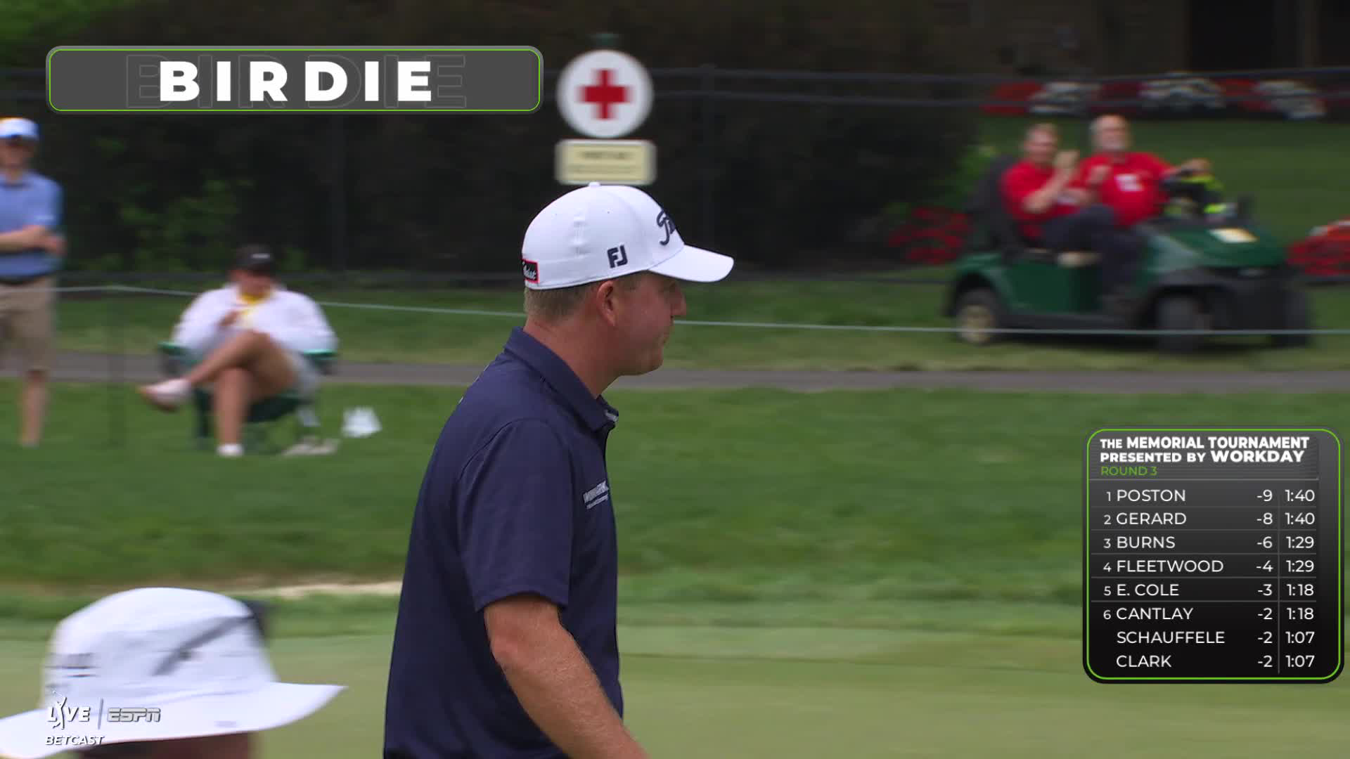 Tom Hoge holes 46-foot greenside shot for birdie on No. 8 at the Memorial