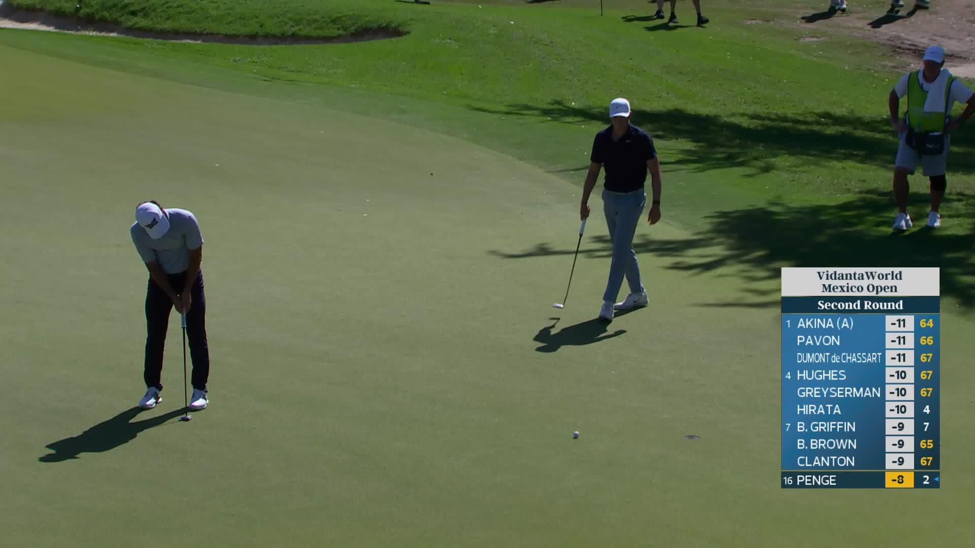 Marco Penge sinks 4-foot putt for birdie on No. 12 at Mexico Open