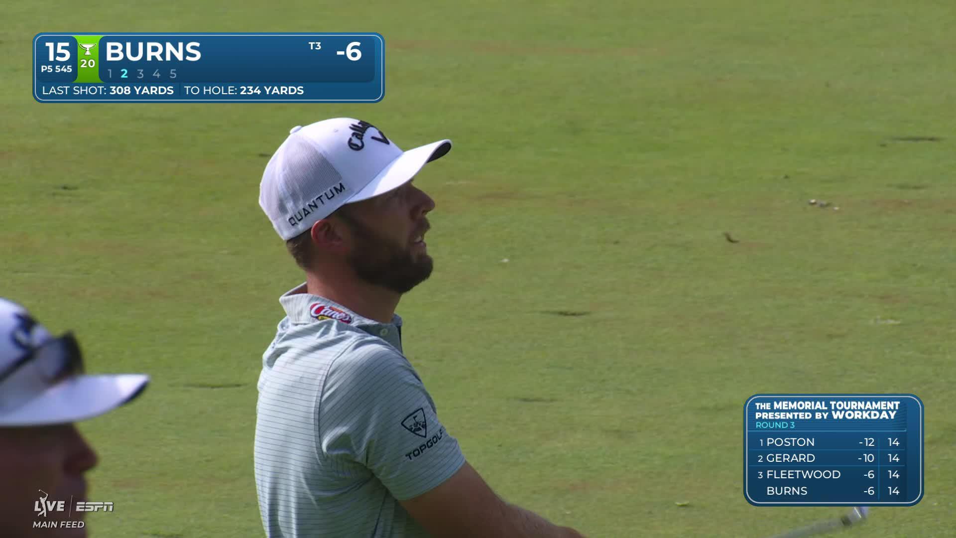 Sam Burns sinks 5-foot putt for birdie on No. 15 at the Memorial